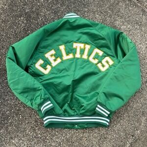 Vtg 80s Chalk Line Boston‎ Celtics Satin Bomber Jacket Men's LT Spellout Green